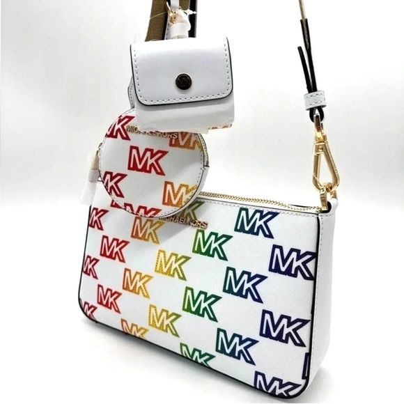Michael Kors Jet Set Price Medium Crossbody W Tech Accessories Rainbow MK Logo - Picture 3 of 12